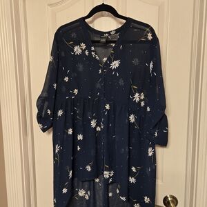 Torrid Navy Blue Sheer Blouse with White Floral Design